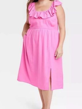 Viv&Ava 3X Plus-Size Pink Ruffle-Trim Midi Skirt with Side Slit NWOT